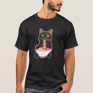 和風動物柄 黒猫のラーメン大好き Tシャツ