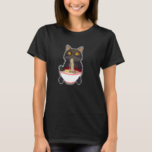 和風動物柄 黒猫 ラーメンを食べる Funny Tシャツ