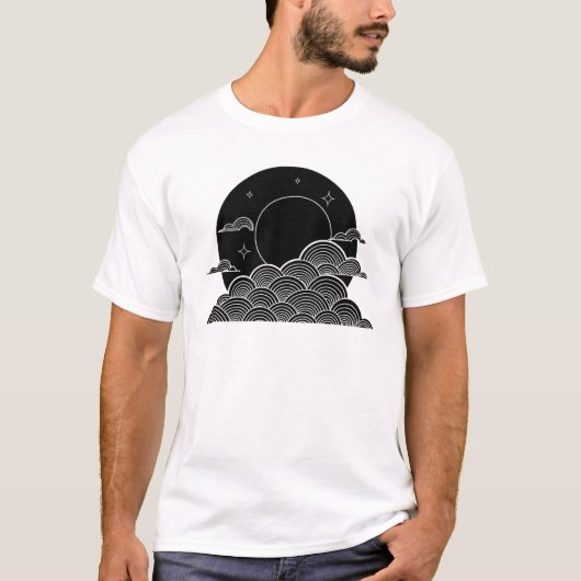 和風月波ミニマリスト ブラック ホワイト Tシャツ (正面)
