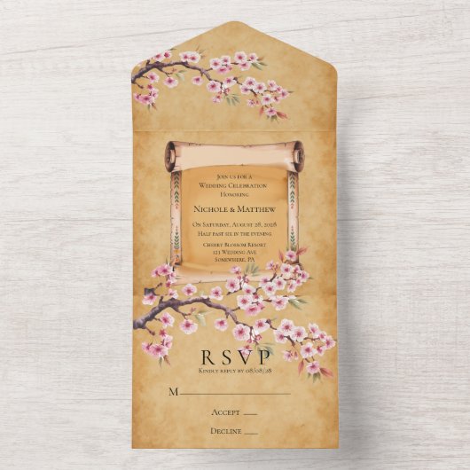和風桜のウェディングセレブレーションをスクロール オールインワン招待状 (内側)