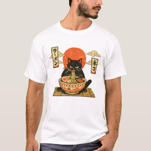 和風浮世絵黒猫ラーメン Tシャツ