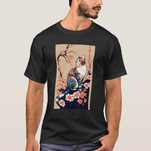 和風猫の花柄 Tシャツ (正面)