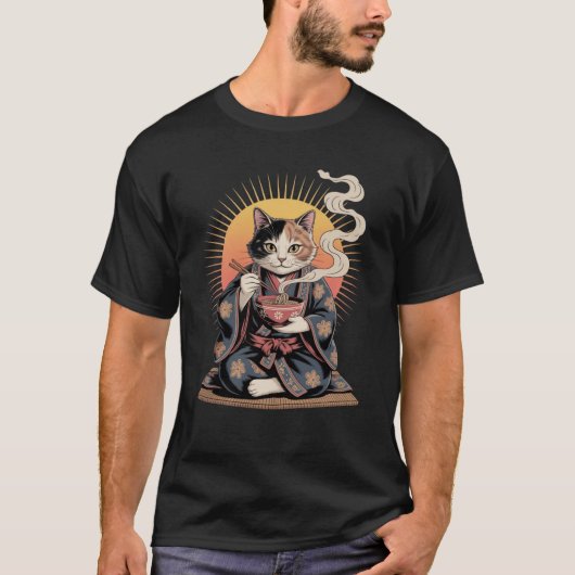 和風猫ラーメン – 日本風デザイン Tシャツ (正面)
