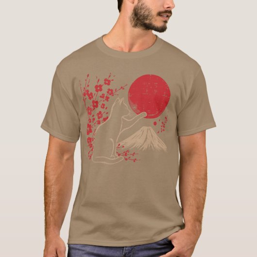 和風猫 桜 山 陽射し アート レディース Tシャツ (正面)