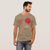 和風猫 桜 山 陽射し アート レディース Tシャツ (正面フル)