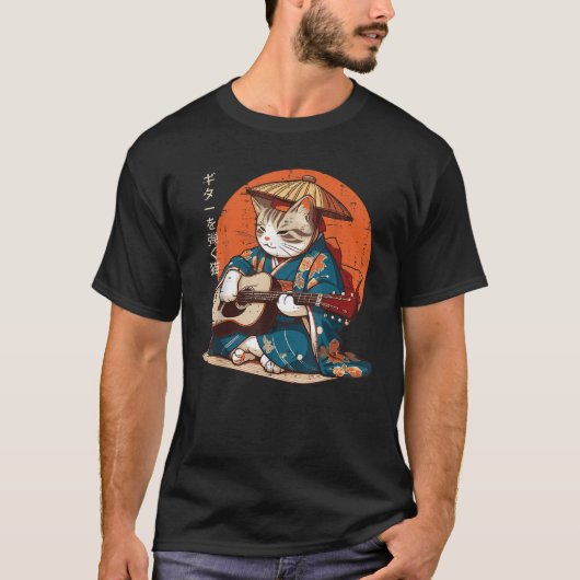 和風猫 着物 ギター 侍 音楽 メンズ ボーイズ Tシャツ (正面)