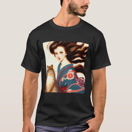 和風美人と猫 Tシャツ (正面)