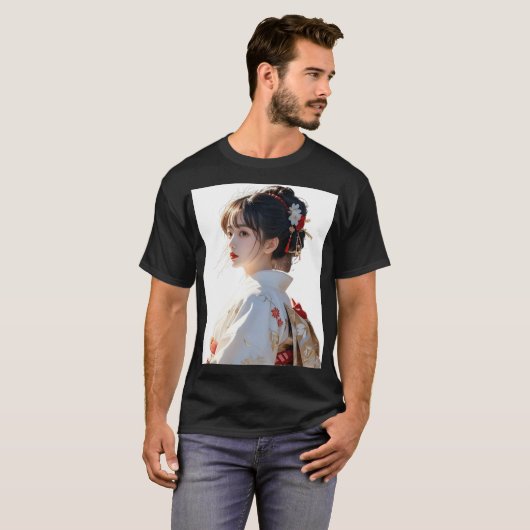 和風美人着物アートプリント Tシャツ (正面フル)