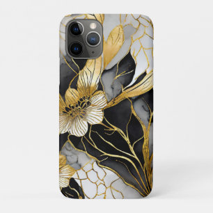 和風花柄 ブラックゴールド iPhone 11 PROケース