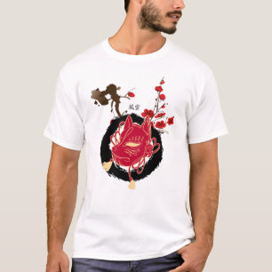 和風 日本の梅とキツネのお面 筆記帳 Tシャツ