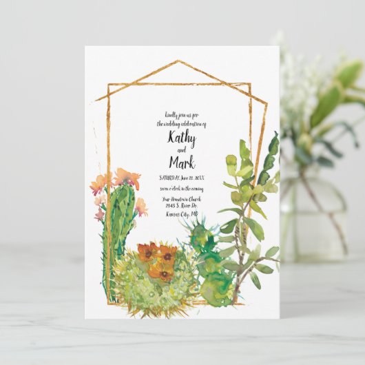 咲き乱れる砂漠のカクタス幾何学的なウェディング 招待状 (スタンド正面)