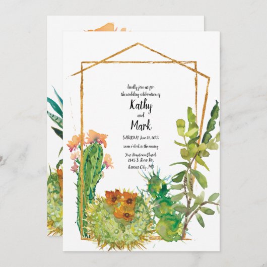 咲き乱れる砂漠のカクタス幾何学的なウェディング 招待状 (正面/裏面)