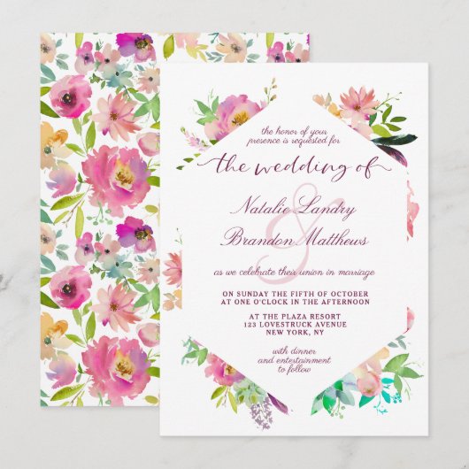 咲き誇るシックなミントとブッシュの花のヘキサゴンウェディング 招待状 (正面/裏面)