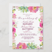 咲き誇るシックなミントとブッシュの花の境界線のウェディング 招待状 (正面)