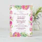 咲き誇るシックなミントとブッシュの花の境界線のウェディング 招待状 (スタンド正面)