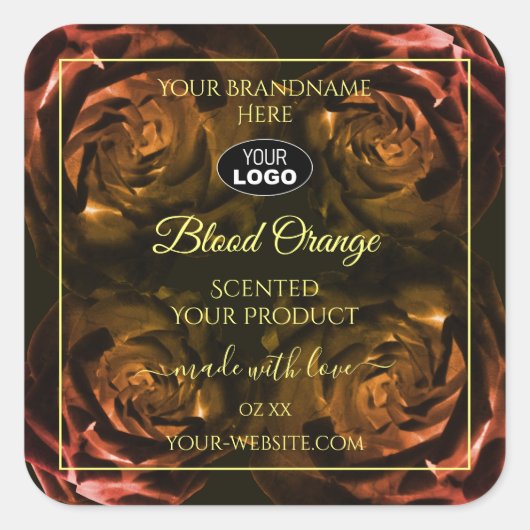 咲き誇るダークレッドオレンジのバラ製品ラベルロゴ スクエアシール (正面)