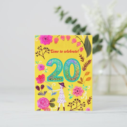 咲き誇るピンクの花のエレガントな20歳の誕生日輝き ポストカード (スタンド正面)