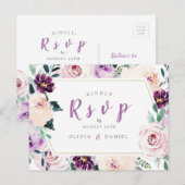 咲き誇るボタニカルな紫の花の結婚式の出欠確認 インビテーションポストカード (正面/裏面)