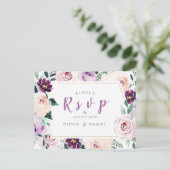 咲き誇るボタニカルな紫の花の結婚式の出欠確認 インビテーションポストカード (スタンド正面)