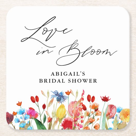 咲き誇る愛のワイルドフラワー ブライダルシャワーのお土産 スクエアペーパーコースター (正面)