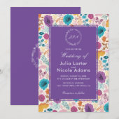 咲き誇る愛の花々ロマンチックなピンクとパープルのウェディング 招待状 (正面/裏面)