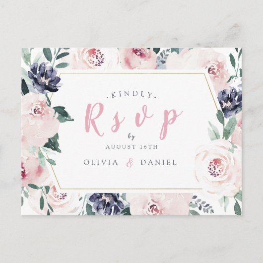 咲き誇る植物の優しいピンクの花の結婚式の出欠確認 インビテーションポストカード (正面)