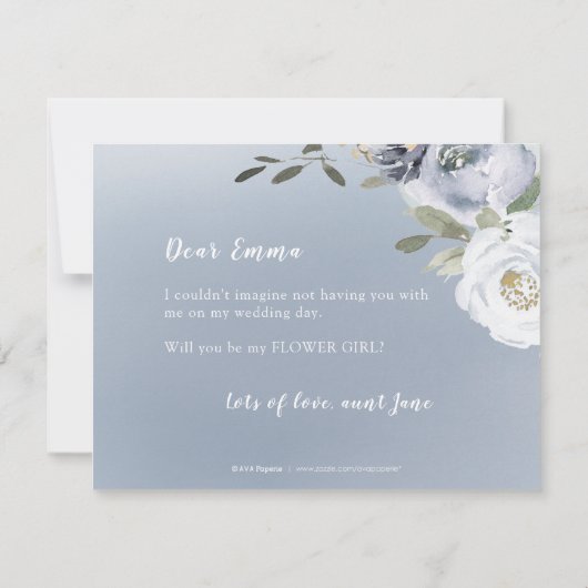 咲き誇る植物の灰色 あなたは私のフラワーガールになってくれる? 招待状 (裏面)
