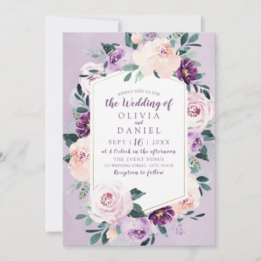 咲き誇る植物学的な紫の花の幾何学的な結婚式 招待状 (正面)