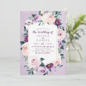 咲き誇る植物学的な紫の花の幾何学的な結婚式 招待状 (スタンド正面)