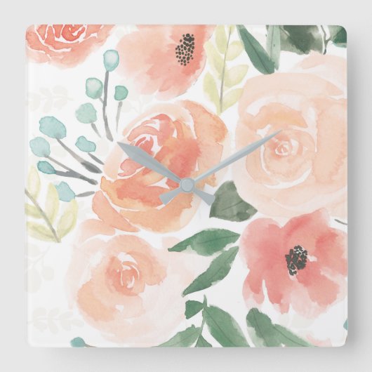 咲き誇る歓喜 | Pastel Peach スクエア壁時計 (正面)
