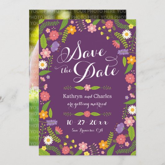 咲き誇る花のフレーム ラスティック フォト セーブ・ザ・デート 招待状 (正面/裏面)