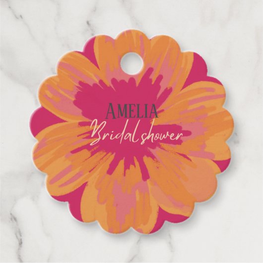 咲き誇る花嫁 ピンクの花のブライダルシャワー フェイバータグ (正面)