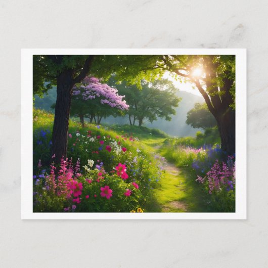咲き誇る草原にワイルドフラワーの配列を見せる ポストカード (正面)