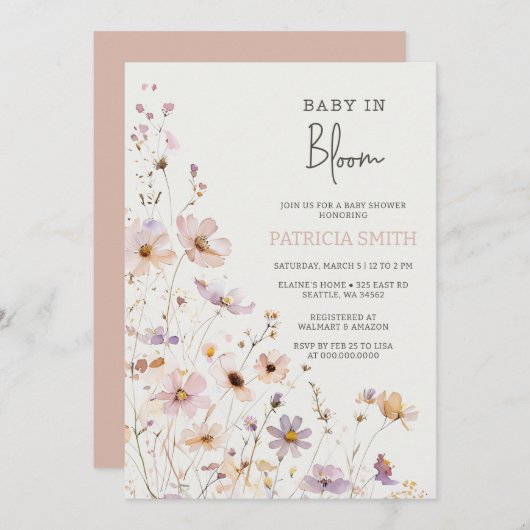 咲き誇る赤ちゃんと野の花 赤ちゃん女の子 ベビーシャワー 招待状 (正面/裏面)