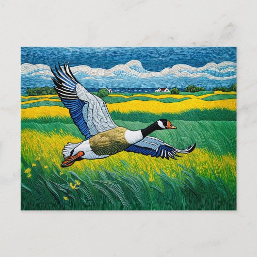 咲き誇る飛んでいる草地に咲く野鳥 シーズンポストカード (正面)