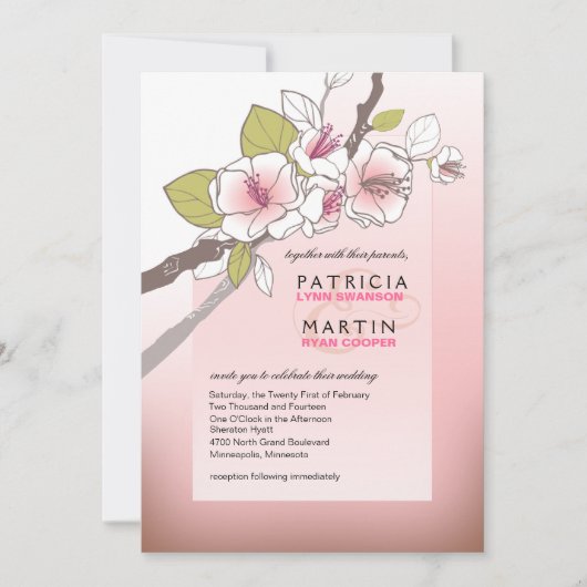 咲くさくらんぼの花結婚のピンク 招待状 (正面)