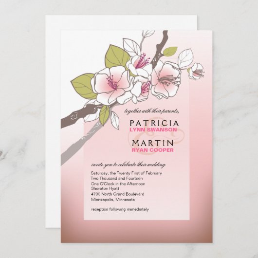 咲くさくらんぼの花結婚のピンク 招待状 (正面/裏面)