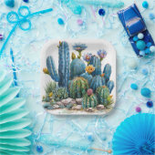 咲くサボテンと多肉植物 ペーパープレート (パーティー)