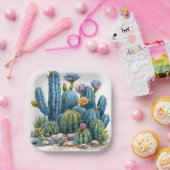 咲くサボテンと多肉植物 ペーパープレート (パーティー)