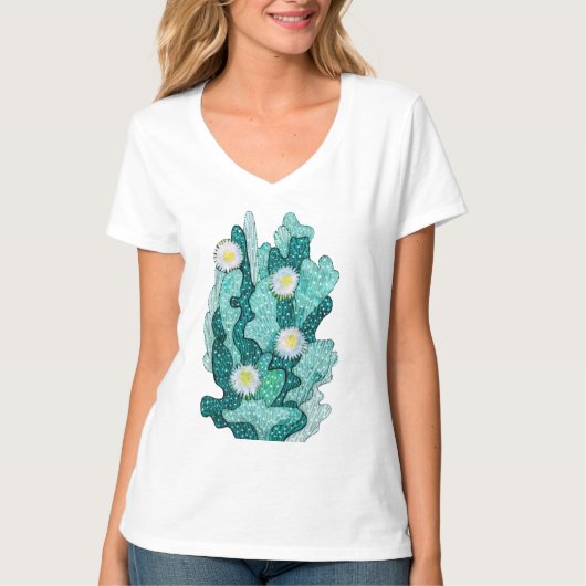 咲くサボテン多肉性の花フローラターコイズ Tシャツ (正面)