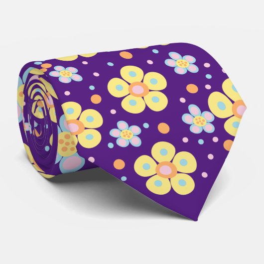 咲くデイジー。イエローとピンクパープルBG ネクタイ (ロール)