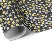 咲くデイジー。黄色とピンクの黒BG ラッピングペーパー (ロールコーナー)