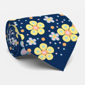 咲くデイジー。黄色とピンクのDブルーBG ネクタイ (ロール)