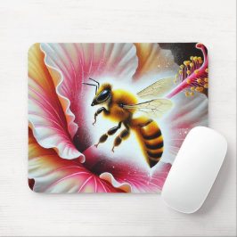 咲くハイビスカスの花を受粉させるミツバチ マウスパッド
