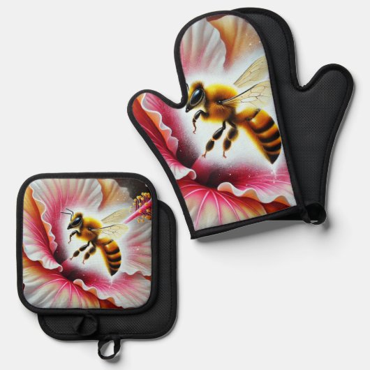 咲くハイビスカスの花を受粉させるミツバチ 鍋つかみ&鍋敷きセット (正面/裏面)