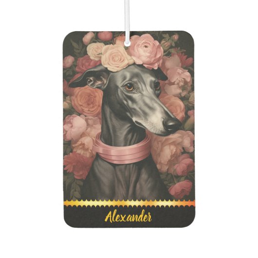 咲くバラに囲まれた優雅なグレイハウンド カーエアーフレッシュナー (正面)