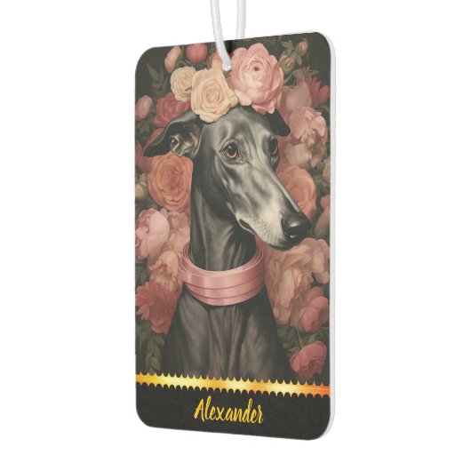 咲くバラに囲まれた優雅なグレイハウンド カーエアーフレッシュナー (左)