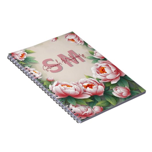 咲くピンクの牡丹の花と緑豊かな離れ緑の花 ノートブック (右側)