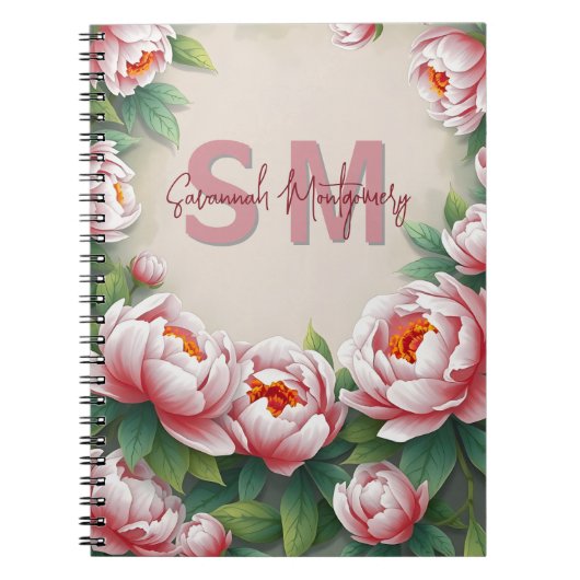 咲くピンクの牡丹の花と緑豊かな離れ緑の花 ノートブック (正面)