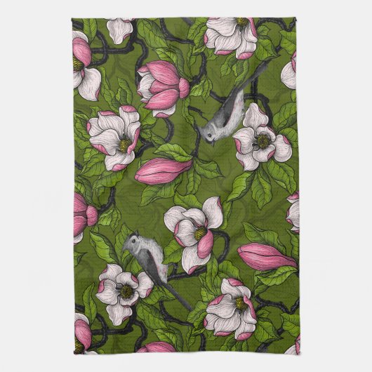 咲くマグノリアとタイトマウスの鳥2 キッチンタオル (縦)